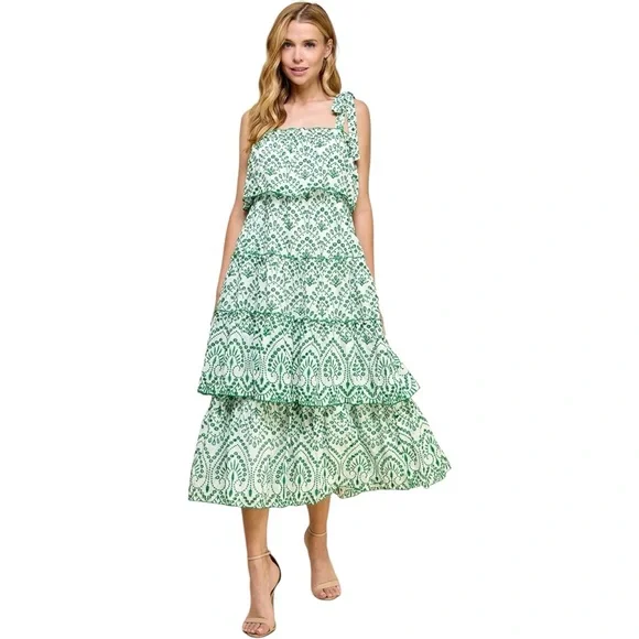 TCEC Green and White Eyelet Midi‎ Dress - Picture 4 of 11